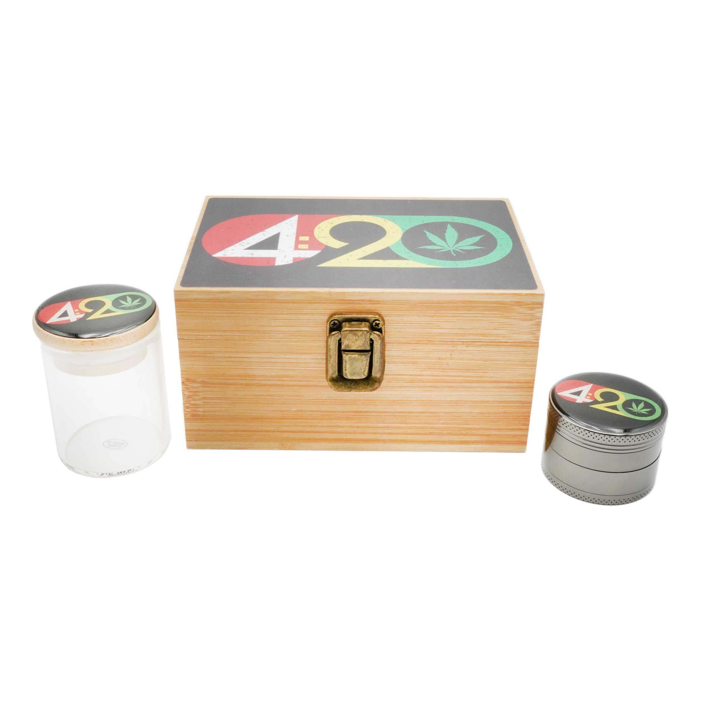 Bamboo Box with 40mm 4 Part Grinder And Jar Set (BMP) | Medium | Assorted Designs product image